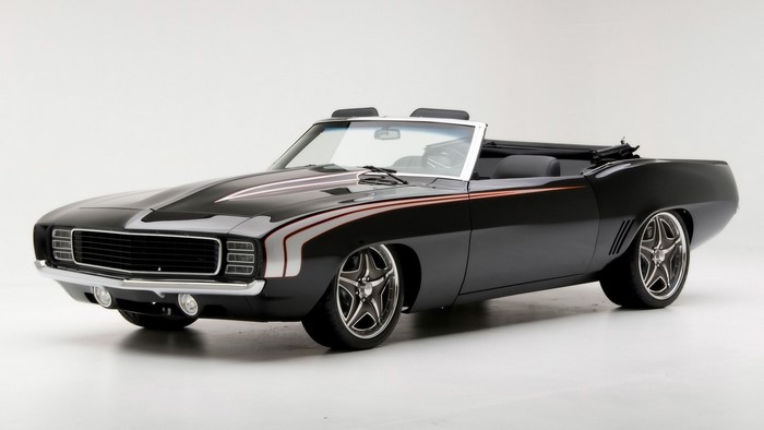 Black 1969 Camaro Convertible with racing stripes
