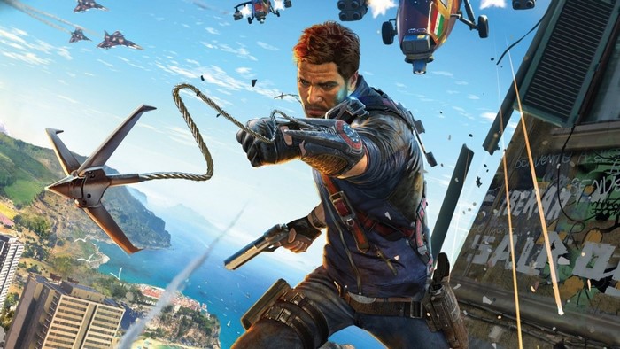 Rico Rodriguez from Just Cause 3 using a grappling hook