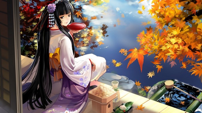 Anime girl in kimono drinking from a red cup