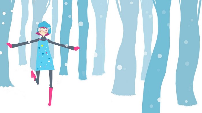 Girl in a blue polka dot dress in a snowy forest
