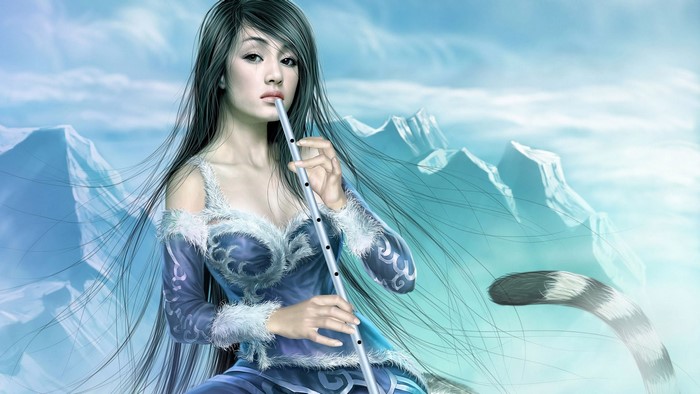 Girl with flute in snowy mountains