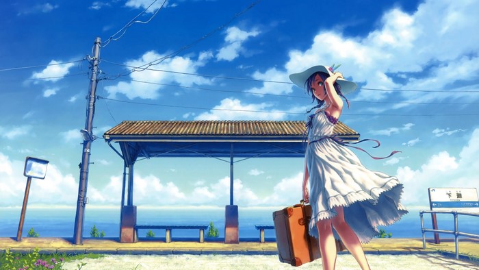 Anime girl with suitcase at a train station