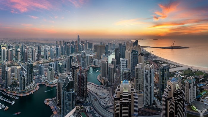 Dubai Marina cityscape at sunset