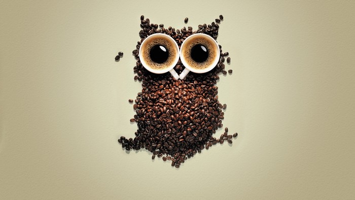Coffee beans arranged in an owl shape with coffee cups for eyes