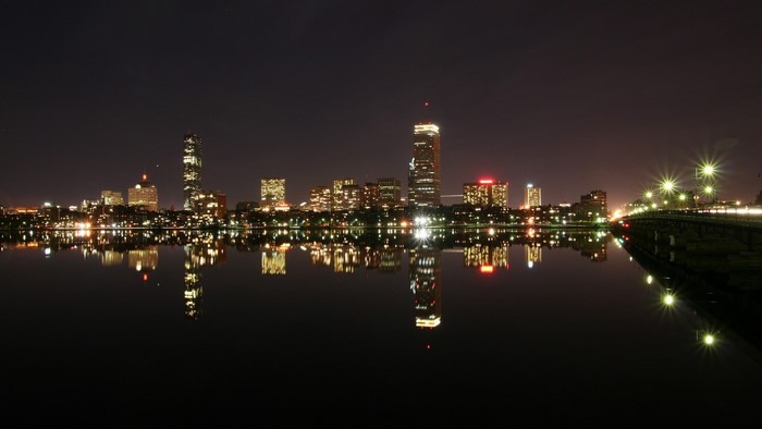 Boston Skyline Reflected in Water at Night