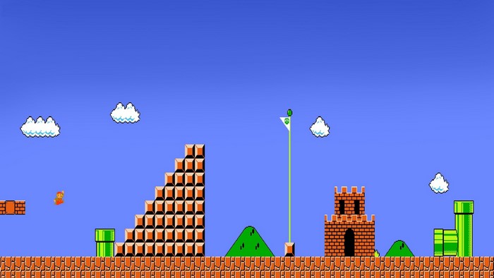 Mario from Super Mario Bros. at the end of level 1