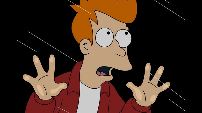 Fry from Futurama pressed against glass