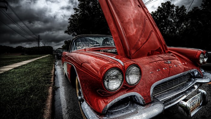 Red 1961 Corvette with Hood Open