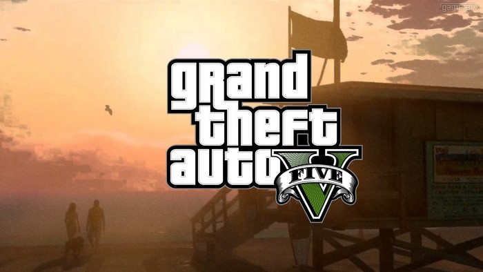 Grand Theft Auto V logo over a sunset beach scene