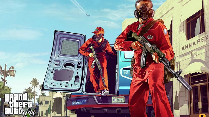 Grand Theft Auto V robbers with guns