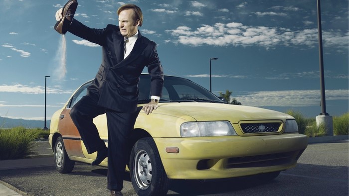 Saul Goodman from Better Call Saul with a car