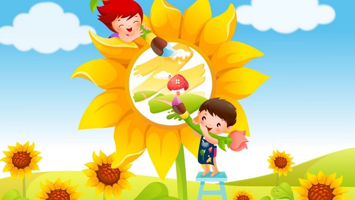Children painting a sunflower landscape