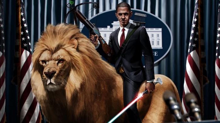 Barack Obama riding a lion with a crossbow