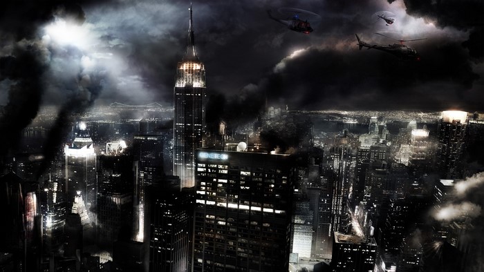 New York City Skyline with Helicopters and Smoke