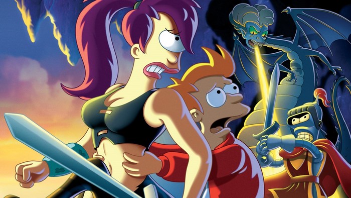 Leela and Fry from Futurama fighting a dragon