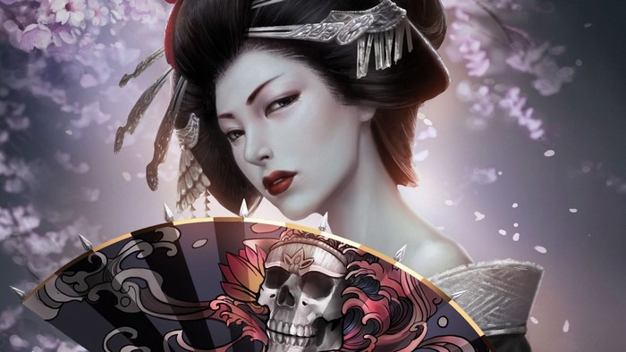 Geisha with skull fan and cherry blossoms