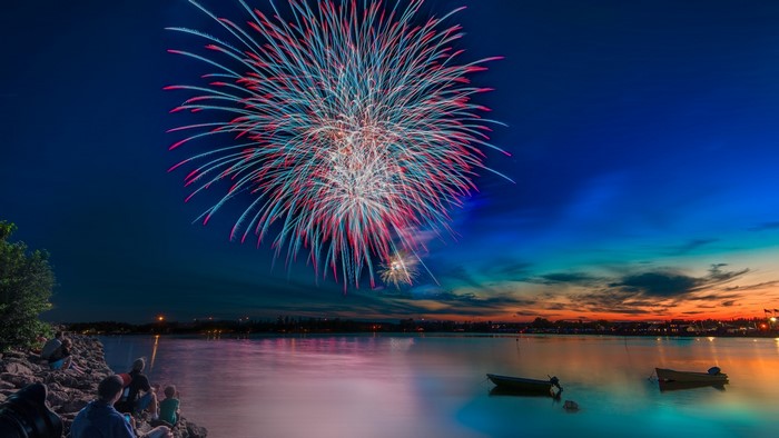 Fireworks Celebration Over Water at Dusk