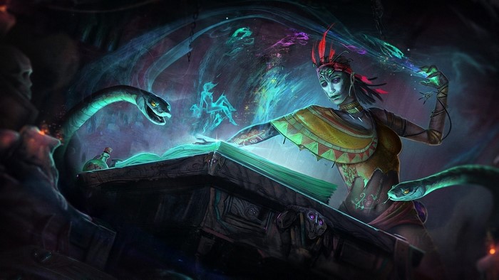 Shaman casting magic with snakes and spirits