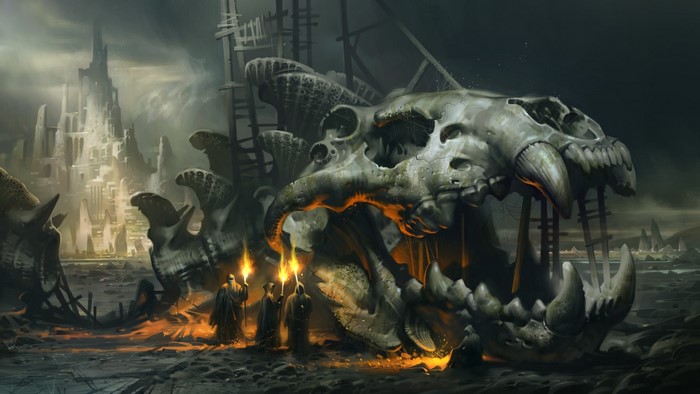 Creatures and ruins in a desolate landscape