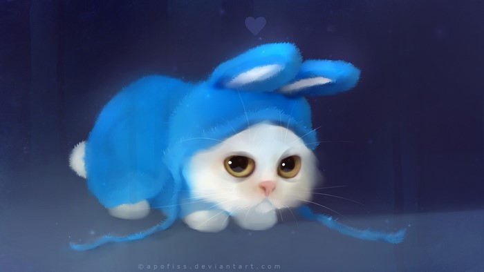 Cute white cat in a blue bunny costume