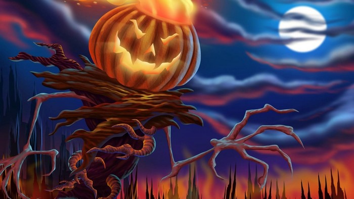 Creepy Halloween Jack-o'-lantern Scarecrow at Night