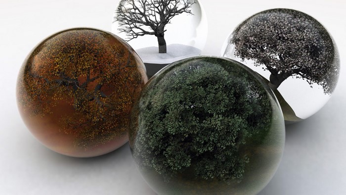 Four glass spheres with trees representing seasons