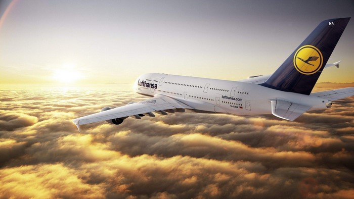 Lufthansa Airbus A380 flying above clouds