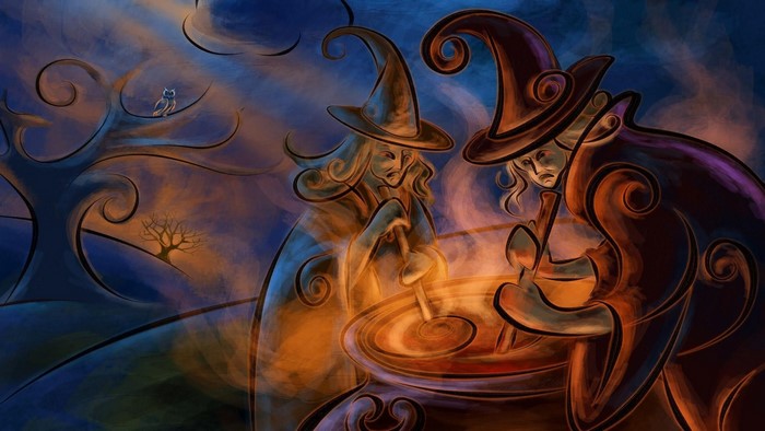Two witches stirring a cauldron on Halloween