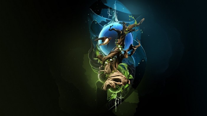Abstract tree with bird and blue orb