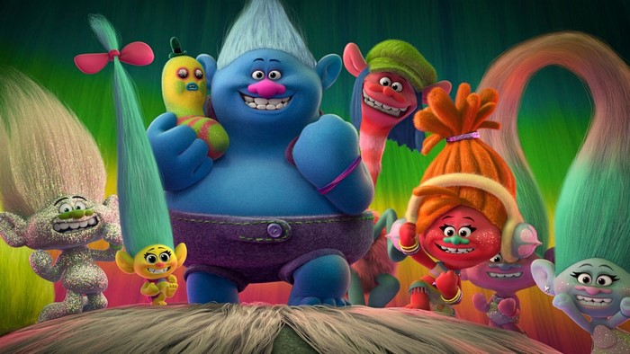 Trolls characters in a colorful scene