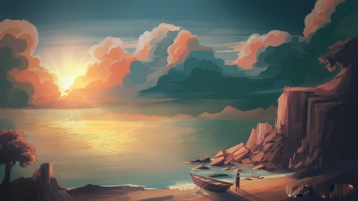 Sunset over the ocean with a lone figure on the beach