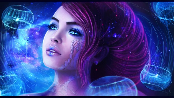 Mermaid with jellyfish in starry nebula