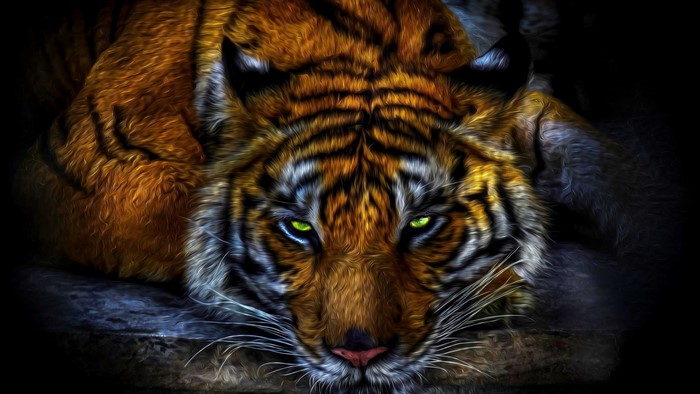 Tiger with glowing green eyes