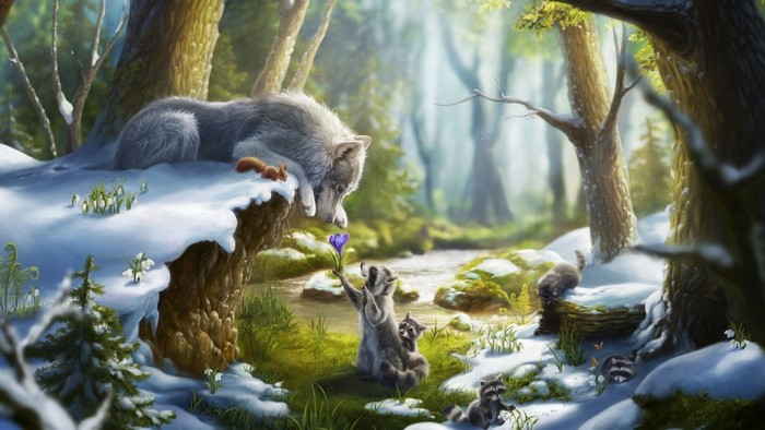 Wolf and raccoons in a snowy forest with a flower