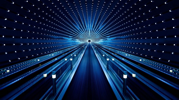 Escalator with blue lights
