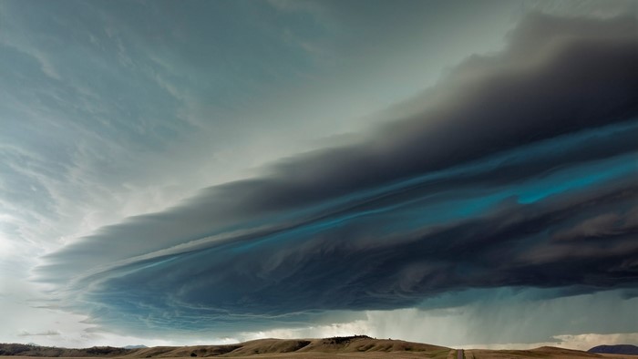 Dramatic storm clouds over rolling hills