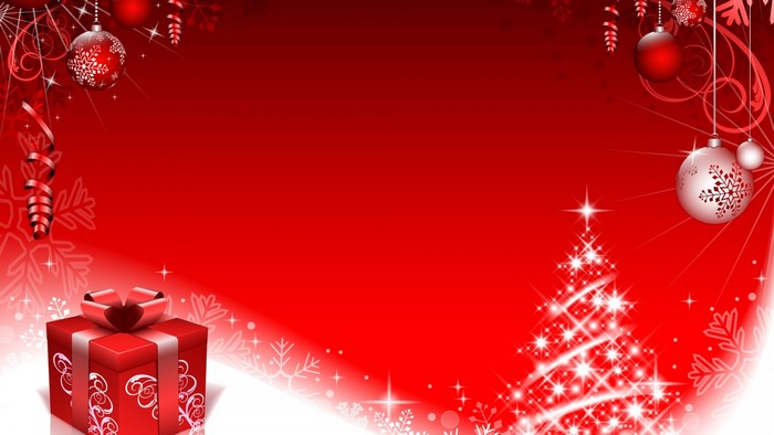 Christmas ornaments and gift on red background