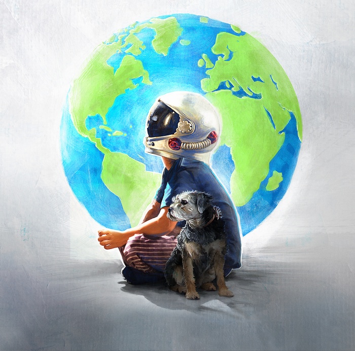 Astronaut child and dog with Earth background