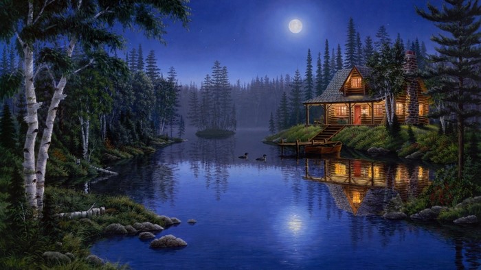 Log cabin by a moonlit lake with pine forest