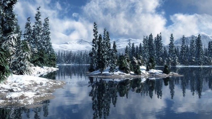 Snowy pine trees on a lake with mountains