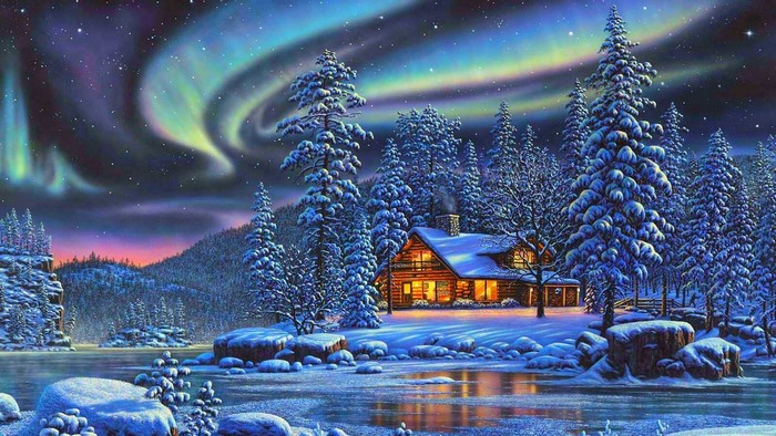 Winter cabin under aurora borealis