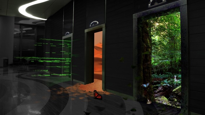 Elevator doors open to nature and digital world