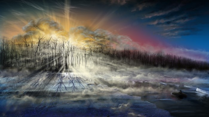 Sunrise over a misty forest and icy lake
