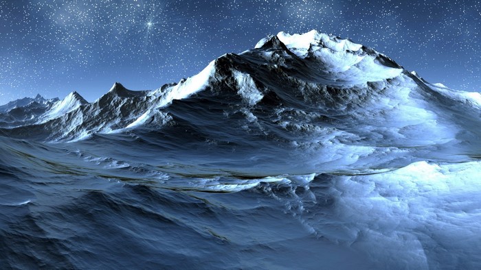 Snowy mountains under a starry sky