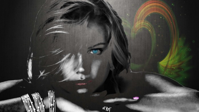 Woman with blue eyes and abstract heart shape