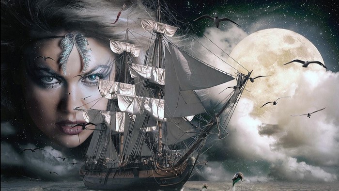 A witch's face superimposed on a sailing ship at sea