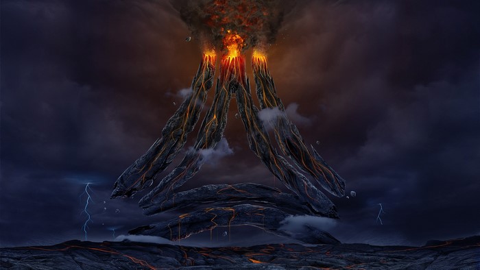 Volcano eruption with lava and lightning