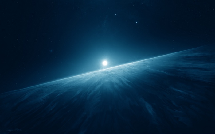 Planet horizon with bright sun and stars