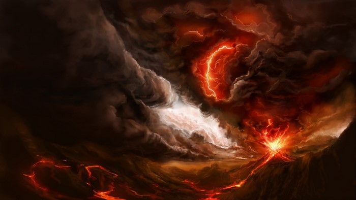 Volcano eruption with lightning and lava