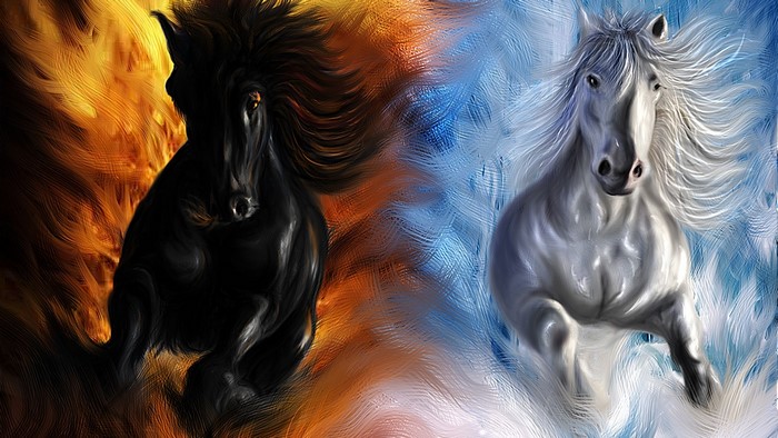 Black and white horses in fire and ice